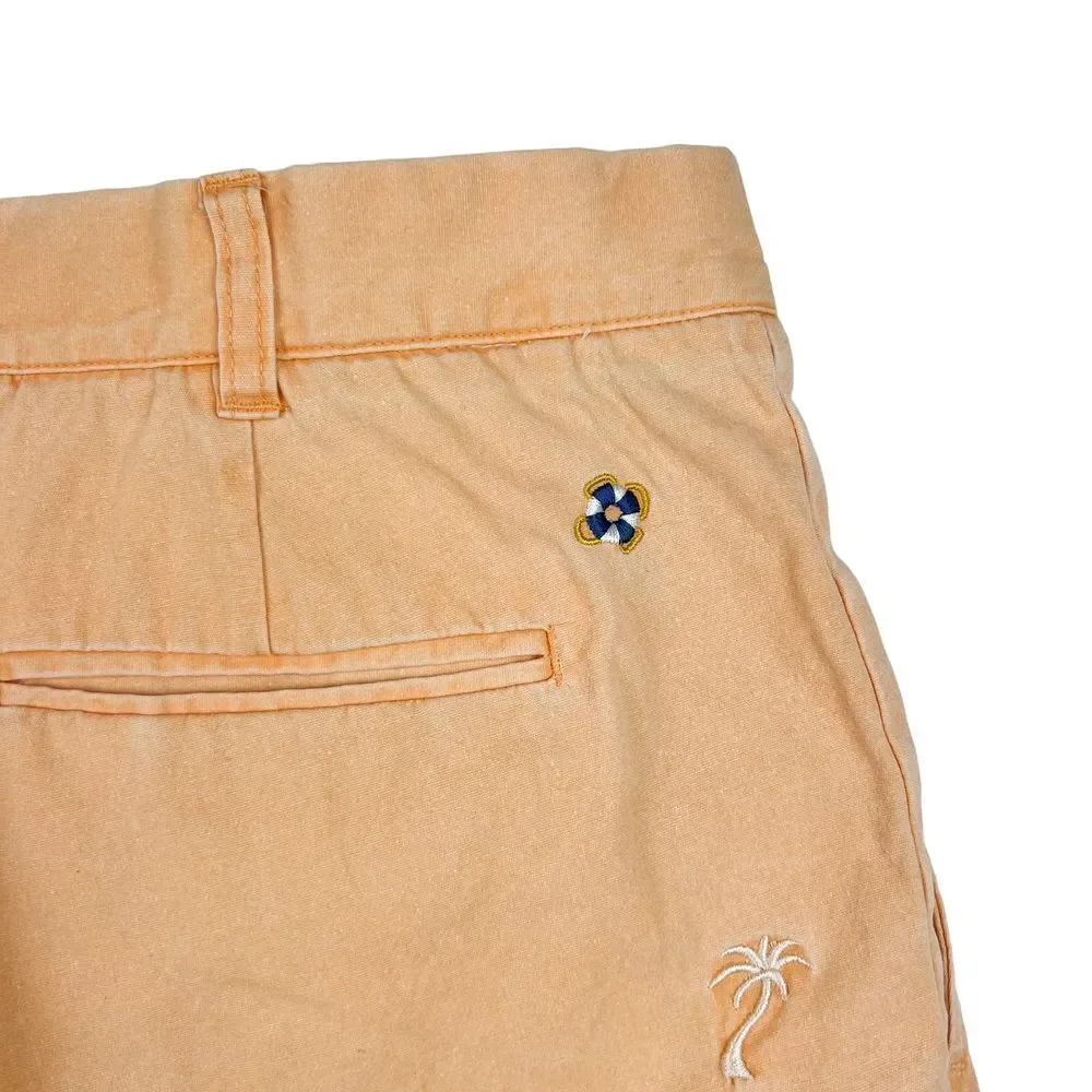 CASTAWAY Tropical Vacation Peach Palm Embroidered Men Shorts Size 36 Inseam 5.5
